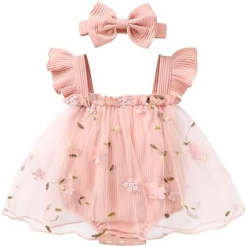 YOUNGER TREE Baby Girl Clothes Infant Summer Sleeveless Romper Dress Ribbed Floral Tulle Jumpsuit Bodysuit with Headband