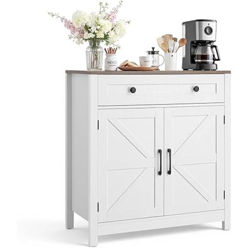 VEVOR Buffet Cabinet, Farmhouse Sideboard Cabinet with Drawer, Coffee Bar Cabinet with 2 Barn Door, Sideboard Buffet Station for Living Room, Entryway, Kitchen, 29.5 x 14.7 x 31.5 in, White