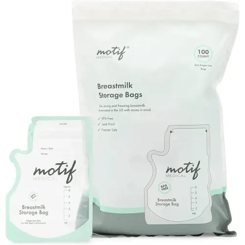 Motif Medical Breastmilk Storage Bags - Breastmilk Freezer Bags w/Easy Pour Spout, Write-On Label - Leak-Proof Double Zipper Milk Bags for Breastmilk - Breastfeeding Mom Gifts (6 oz, 100 Count)