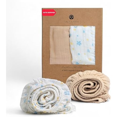 Salt Earth 100% Organic Cotton Muslin Standard Fitted Crib Sheet, 52"x28", 2 Pack Soft Breathable Natural Cotton Sheets Baby Mattress Bed Sheets, No Slip Neutral Baby Crib Sheet (Beige & Blue Star)