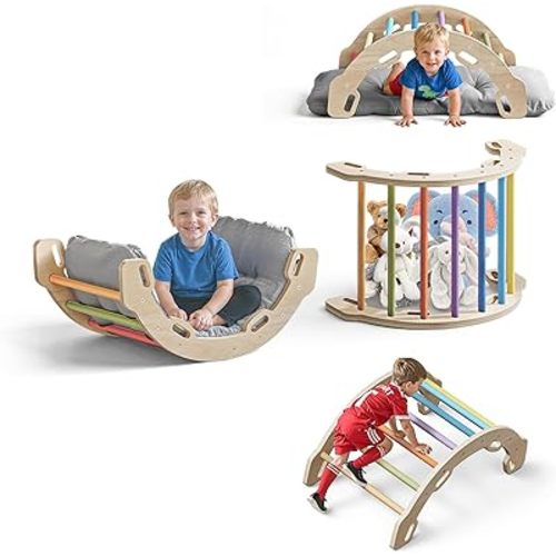 COSYLAND Kids Climbing Arch Rocker with Cushion - Solid Wood Toddler Climbing Toys Indoor with Handrails on Each Side - Scentless Indoor Playground Arch Climbing Ladder (Rainbow)
