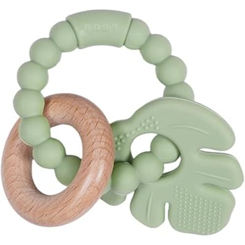 Baby Silicone and Wood Teether Ring Toy,Food Grade Silicone Chew Toys for 3-6,6-12,12-18 Months Newborns,Infants,Toddlers Teething Relief,Safe and Soft,BPA Free,Baby Essentials. (Leaf)