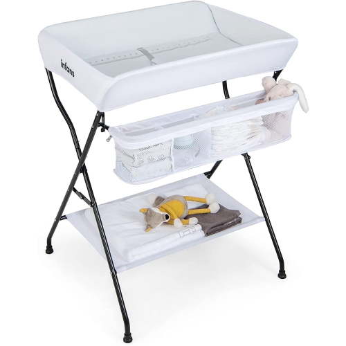 INFANS Foldable Baby Changing Table, Diaper Station with Safety Belt, Large Storage for Newborn (White)