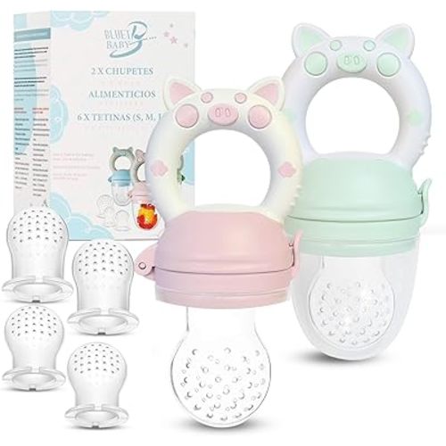 Bluet B- Baby Fruit Feeder Pacifier - BPA-Free Silicone Baby Food Feeder for Self-Feeding - Teething Relief - 4+ Months, 6 Silicone Nipples - 2 Pack Fresh Fruit Pacifier Frozen Teether - Pink & Green