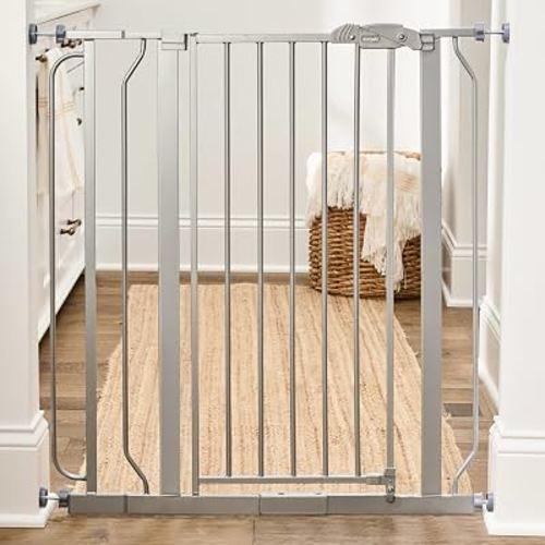 Regalo Safety 36" Extra Tall Baby Gate, Bottom of Stairs & Doorways | Fits Openings 29"-36.5" Wide, Pressure Mounted with Door, For Babies, Toddlers & Pets, Platinum