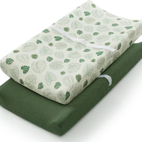 Blissful Diary Muslin Changing Pad Cover for Girls Boys, Ultra Soft Breathable Cotton, Baby Diaper Change Table Pad Covers, 2Pack (Monstera Leaves&Dark Green)
