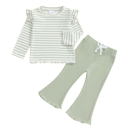 FOCUSNORM Toddler Baby Girl Outfits Ruffle Long Sleeve Striped Trim Tops + Flare Pants Set Toddler 2Pcs Fall Winter Clothes