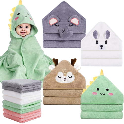 Lumikrypt 12Pcs Baby Bath Towels Set, 4 Pcs Animal Hooded Baby Towels & 8 Pcs Washcloths Set, Baby Bath Towels.Ultra Absorbent Cute Soft Newborn Essentials Gift for Boys & Girls