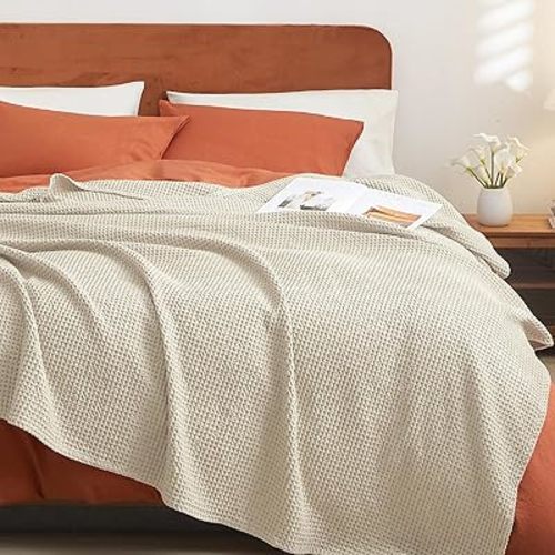PHF Pre-Washed 100% Cotton Waffle Weave Blanket Twin Size for Bed,Snag Proof Throw Blanket for Couch Spring Summer Lightweight Breathable,Machine Washable, Home Decor Gift - Linen/Stone