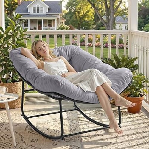 ONBRILL Papasan Rocking Chair with Cushion, Oversized Patio Lounge Rocker, Egg Chair Outdoor Indoor, for Living Room, Porch, Patio, Garden, Light Gray