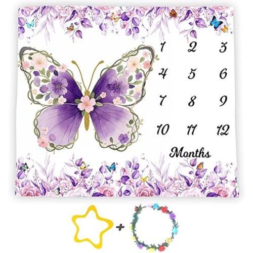 Floral Purple Butterfly Baby Milestone Blanket for Baby Girls, Flower Eucalyptus Baby Monthly Milestone Blanket, Newborn Photography Props, Newborn Shower Gifts for Mom,Soft Flannel, 48x40 inches