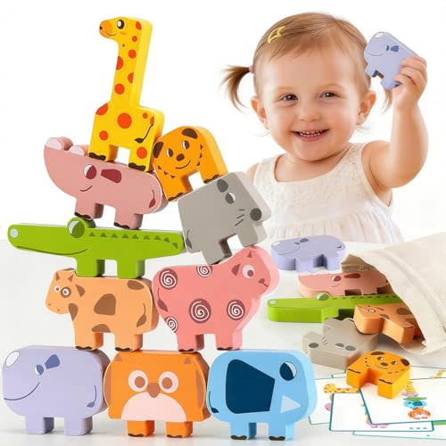 Montessori Toys for 2 3 4 Year Old Boys & Girls, Wooden Animal Stacking Blocks for Toddlers 1-3 – Building Blocks Game Stacking & Sorting Toys Ages 2-4 Toddler Birthday Gifts