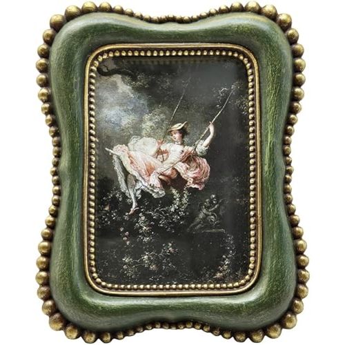 2.5x3.5 Small Vintage Picture Frame, Tiny Antique Green Ornate Photo Frame, for Tabletop and Wall Display, Decorative Retro Home Decor, Old Fashioned Photo Gallery Art