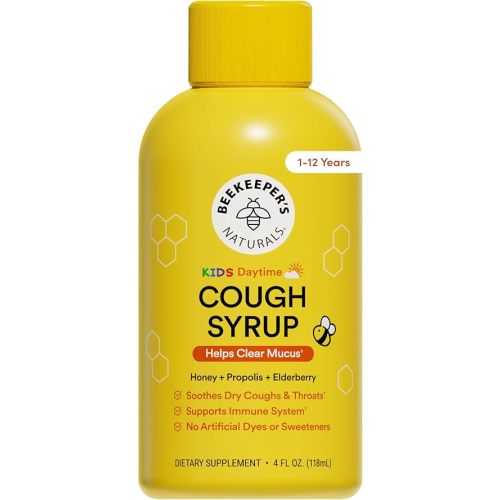 Beekeeper's Naturals Propolis Honey Cough Syrup Daytime for Kids Immune Support with Elderberry, Vitamin C, Vitamin D & Raw Honey - Throat Soothing - Gluten Free & Clean Ingredients, 4 oz.