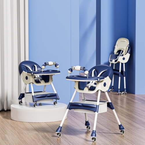 JieC Baby High Chair, 4 in 1 Convertible Highchair for Babies & Toddlers, Double Tray Dining Chair with 5-Point Harness & Silent Wheel,Blue