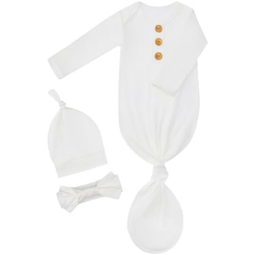 Newborn Knotted Gown Set, Soft Breathable Baby Sleep Gown with Hat & Headband for Boys Girls