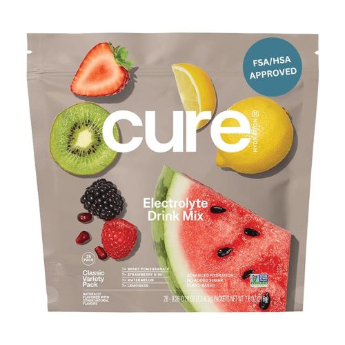 Cure Hydration | Plant-Based Electrolyte Drink Mix | No Added Sugar | FSA & HSA | Dehydration Relief Powder Made with Coconut Water | Non-GMO | Vegan | 28 Packets - Variety Pack