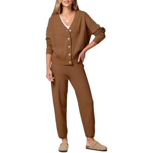 ANRABESS Women 2 Piece Lounge Sets 2025 Fall Outfits Casual Waffle Knit Cardigan Sweater Pant Set Travel Airport Clothes