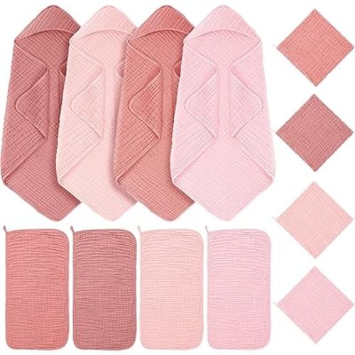 Breling 12 Pcs Muslin Hooded Baby Bath Towel, Hand Towels and Washcloth Set, 36"x 36" Cotton Newborn Bath Towel Cotton Absorbent Blanket Unisex Newborn Gift Essentials for Girl Boy (Pink Series)
