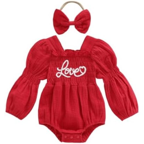 Baby Girl Valentines Day Romper Smocked Bubble Romper Long Sleeve Jumpsuit Headband Outfit Cute Infant Clothing
