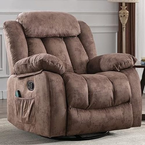 Rocker Recliner with Heat and Vibration, Manual Swivel Rocking Chair with Vibrating Massage, Comfy Padded Overstuffed Soft Fabric Heated Recliner (Brown)