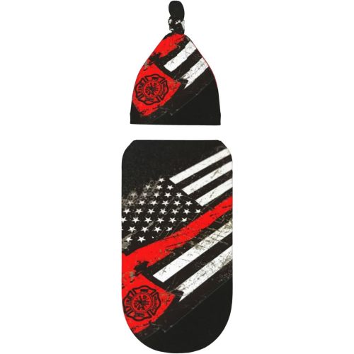 Baby Newborn Swaddle Blanket with Beanie Hat- USA Thin Red Line Firefighter Axe Pattern Receiving Blanket Sleep Sack for Girls Boys Infant Gifts