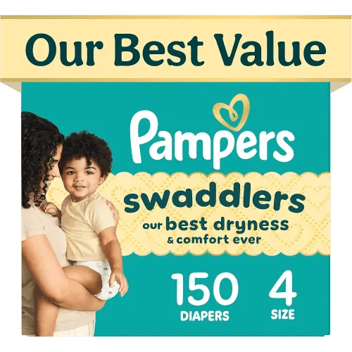 Pampers Swaddlers Diapers, Size 4 (15-34 lbs), 150 Count, Fragrance Free, Hypoallergenic, Absorbent, Pediatrician Recommended, Skin Safe