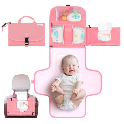 Kopi Baby Portable Diaper Changing Pad with Wipes Pocket, Premium Pink | 22-In Waterproof Pad, Reversible Wipes Pocket, 1 Zipper Pocket, 2 Large Pockets, Extra Inner Pocket, Built-In Pillow, Straps