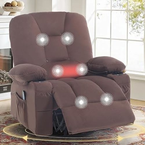Rocker Swivel Recliners with Massage and Heat, Recliner Chair for Adults, Fabric Overstuffed Glider with Cup Holder Side Pocket, Manual Reclining Sofa Chair for Living Room,Brown