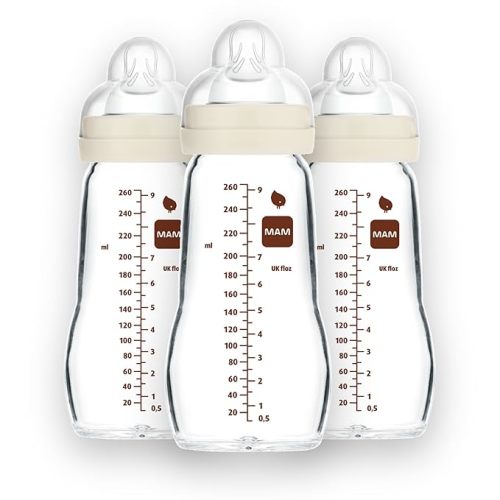 MAM Premium Glass Baby Bottles, Easy Switch Between Breast and Bottle, Feel Good Slow Flow, Newborn Essentials Must Have, 2+ Months, BPA Free, 9oz, Unisex, 3 Pack