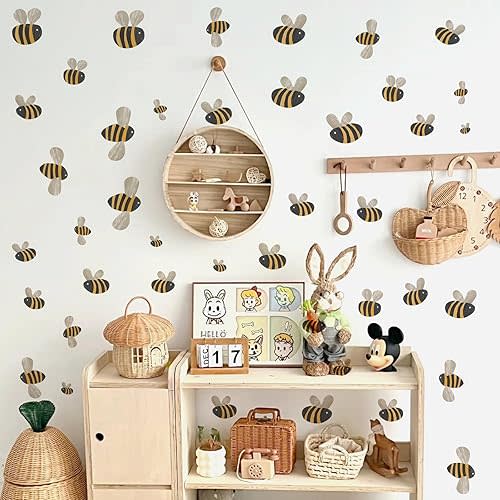 Cute Bee Wall Sticker Boho Bee Wall Decals Watercolor Bumble Bees Decals Small Animals Sticker Cartoon Animal Decal Retro Yellow Bees Stickers for Nursery Kid Room Baby Bedroom Decor