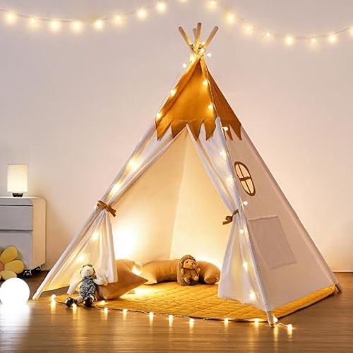 Kids Tent, Teepee Play Tent with Lights and Padded Mat, Portable Cotton Tipi for Indoor Reading and Playtime