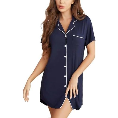 Pjmlifecoco Nightgown for Women Button Down Sleepshirt Short/Long Sleeve Nightdress Soft Modal Sleepwear S-XXL
