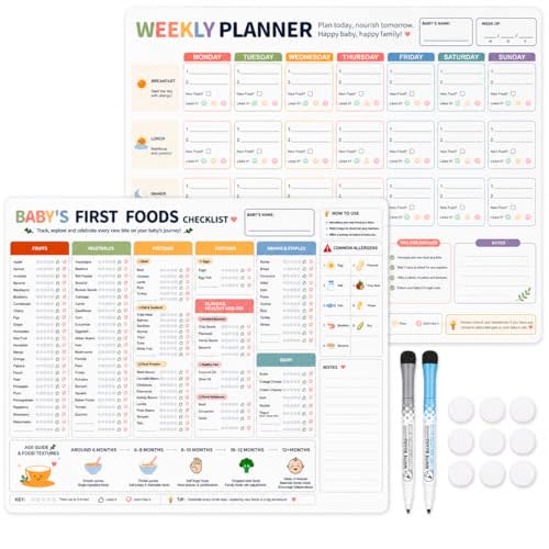 Baby First Foods Chart & Weekly Meal Planner Set, Dry Erase Baby Food Tracker for Starting Solids, Track Up to 109 Foods, Reusable Fridge Chart with Nano Adhesive Pads and 2 Magnetic-Cap Markers