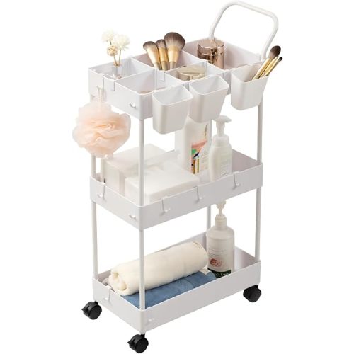 danpinera Storage Cart on Wheels, 3 Tier Slim Laundry with Wheels Bathroom Organizer with Hanging Cups Hooks Dividers Handle Mobile Rolling Art Cart for Bathroom Kitchen Narrow Places, White
