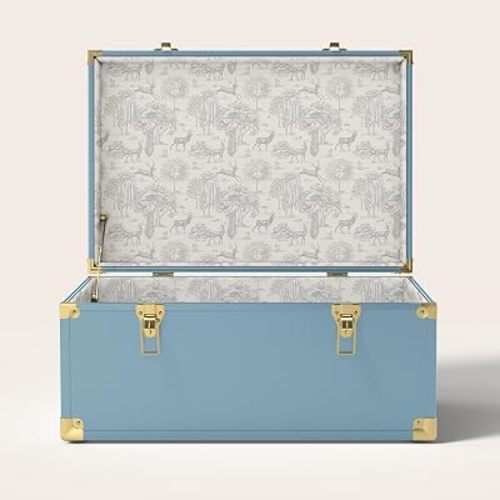 Momento Baby Keepsake Trunk | Personalized Heirloom Memory Box | Handcrafted in USA | Metal & Plywood Construction | Standard Size 20" (Blue/Woods)