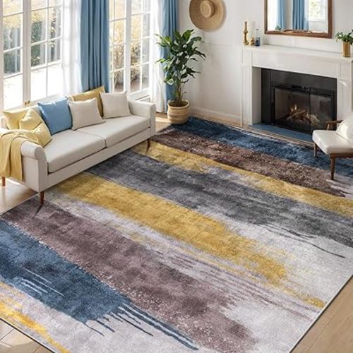 Ciicool Modern Abstract Yellow Blue Rug for Living Room, 6'x9' Machine Washable Area Rug Non-Slip Rug, Low-Pile Contemporary Indoor Dining Floor Carpet for Bedroom Office Under Table Home Decor