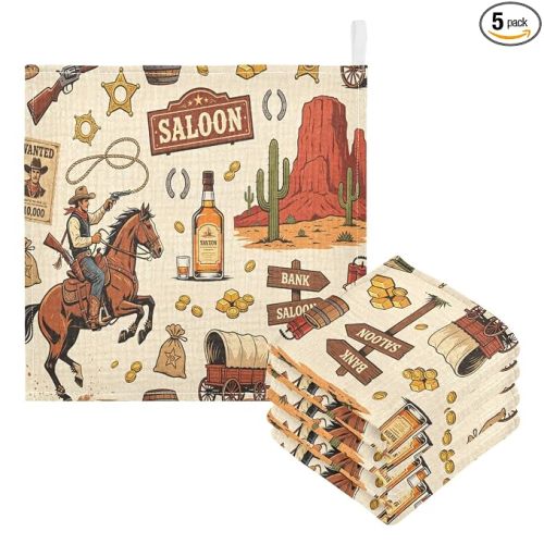 Cowboy Sheriff Burp Cloths for Boys & Girls, 5 Pack Wild West Western Muslin Washcloths Newborn Face Bath Towel Soft Absorbent Cotton Wash Cloth Baby Registry, 12 x 12 Inch