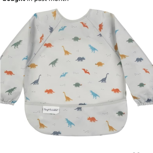 Tiny Twinkle Mess Proof Baby Bib,Waterproof Smock Baby Bib for Eating,Machine Washable Long Sleeve Bib,Baby Led Weaning,Toddler Bib,BLW Supplies(Dinosaur, Small 6-24 Months)