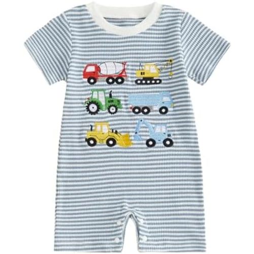 Newborn Baby Boy Summer Clothes Truck Embroidered Romper Striped Short Sleeve Jumpsuit Onesie Infant Boy Outfit