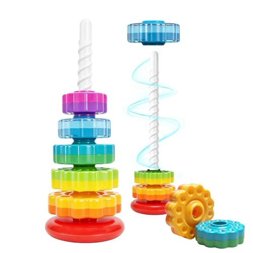 PracticeJQDEN Montessori Toys for 1 Year Old, Spinning Stacker | Rainbow Stacking Rings for Toddlers 1-3, Sensory Learning Toy, Cause & Effect Fine Motor Skill Development Gift