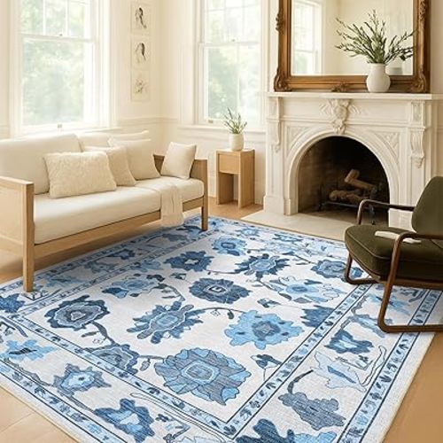 Navy Blue Oushak Rug, Modern, Vintage, Turkish, Eclectic, Floral, Pastel, Washable, Area Rugs for Living Room, Dining, Bedroom, Nursery, Girls, Boys, 5'9"x8'9"