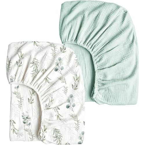 Muslin Crib Sheets 2 Pack, 100% Cotton Fitted Baby Sheets for Standard Crib Mattress 52 x 28 Inch, Soft Breathable Nursery Bedding, Olive Branch