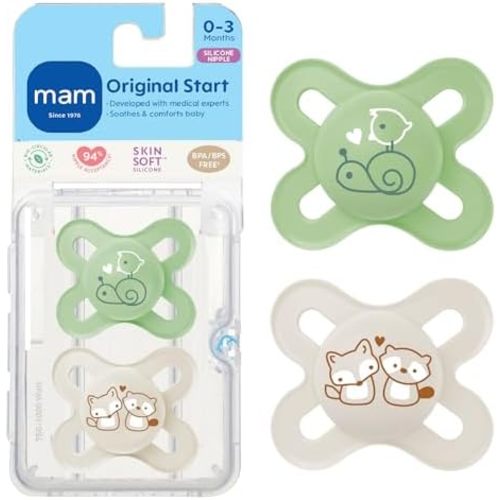 MAM Original Start Baby Pacifiers 0-3 Mths Skin Soft Silicone, 2 Pack