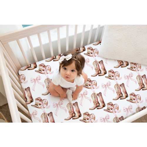 Western Crib Sheet Pink, Western Crib Bedding Girl, Coquette Cowgirl Crib Sheet, Pink Bow Baby Girl Bedding Set, Western Nursery Decor Girls