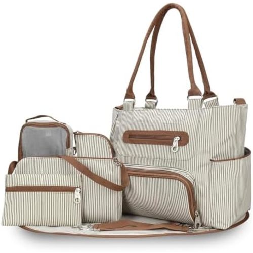 5PCS Baby Nappy Diaper Bags Set Mummy Diaper Shoulder Bags w/Nappy Changing Pad Insulated Pockets Travel Tote Bags