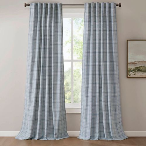 Fleece Lining Plaid Weave Window Curtain Panel, Faux Leather Textured Light Filtering Curtain for All Seasons, Denim Blue, 50x84"