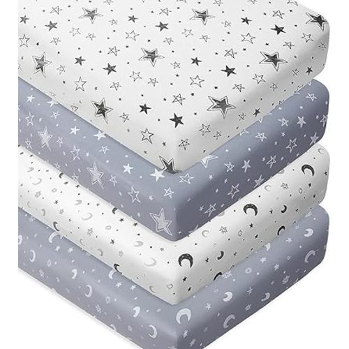 4 Pack Star and Moon Neutral Unisex Fitted Baby Sheets Set for Baby Boys or Girls (Crib Sheets)