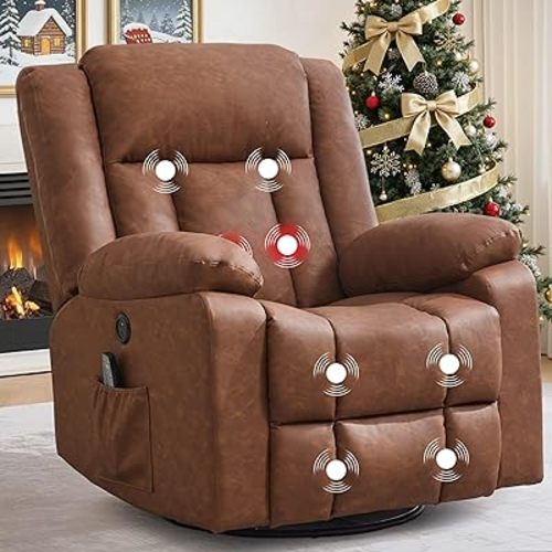 Rocker Recliner, Glider Recliner Chairs for Adults, 360° Swivel Rocking Chair with Massage and Heating, Nursery Chair with Storage and USB Charging for Living Room, Bedroom, Nursery