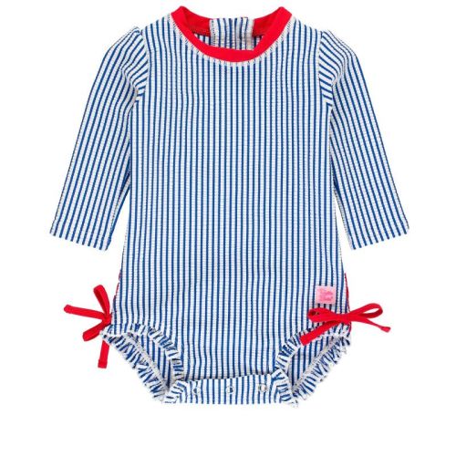 RuffleButts Baby Girls Seersucker Long Sleeve UPF50+ One Piece Rash Guard
